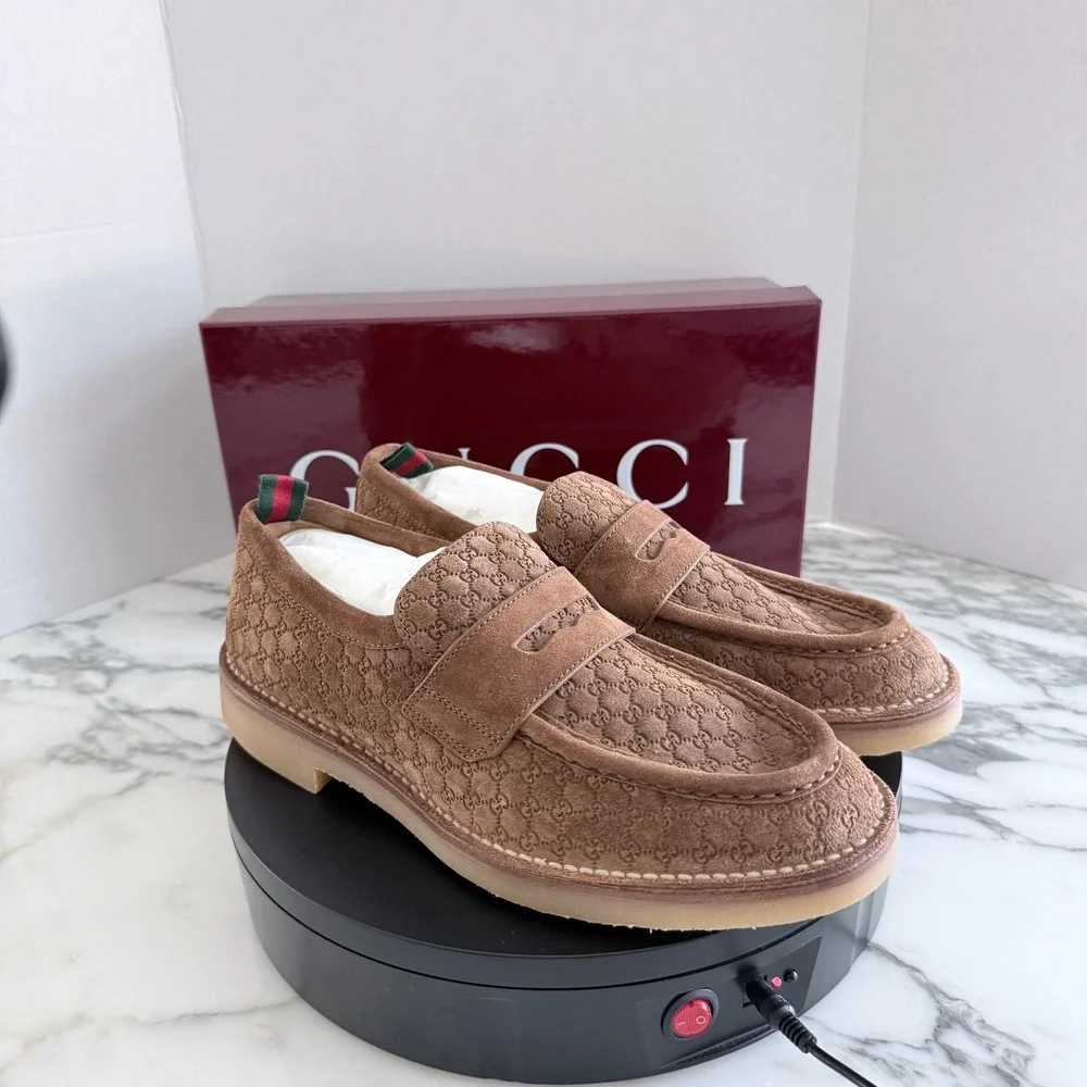 GUCCI  GG Moreau Moccasin Brown Suede Loafer Shoe Penny Strap, G 8+